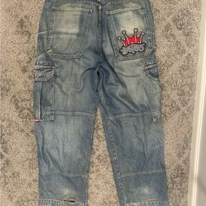 JNCO Blue Straight Men's Jeans with Red Crown Embroidery 34x34